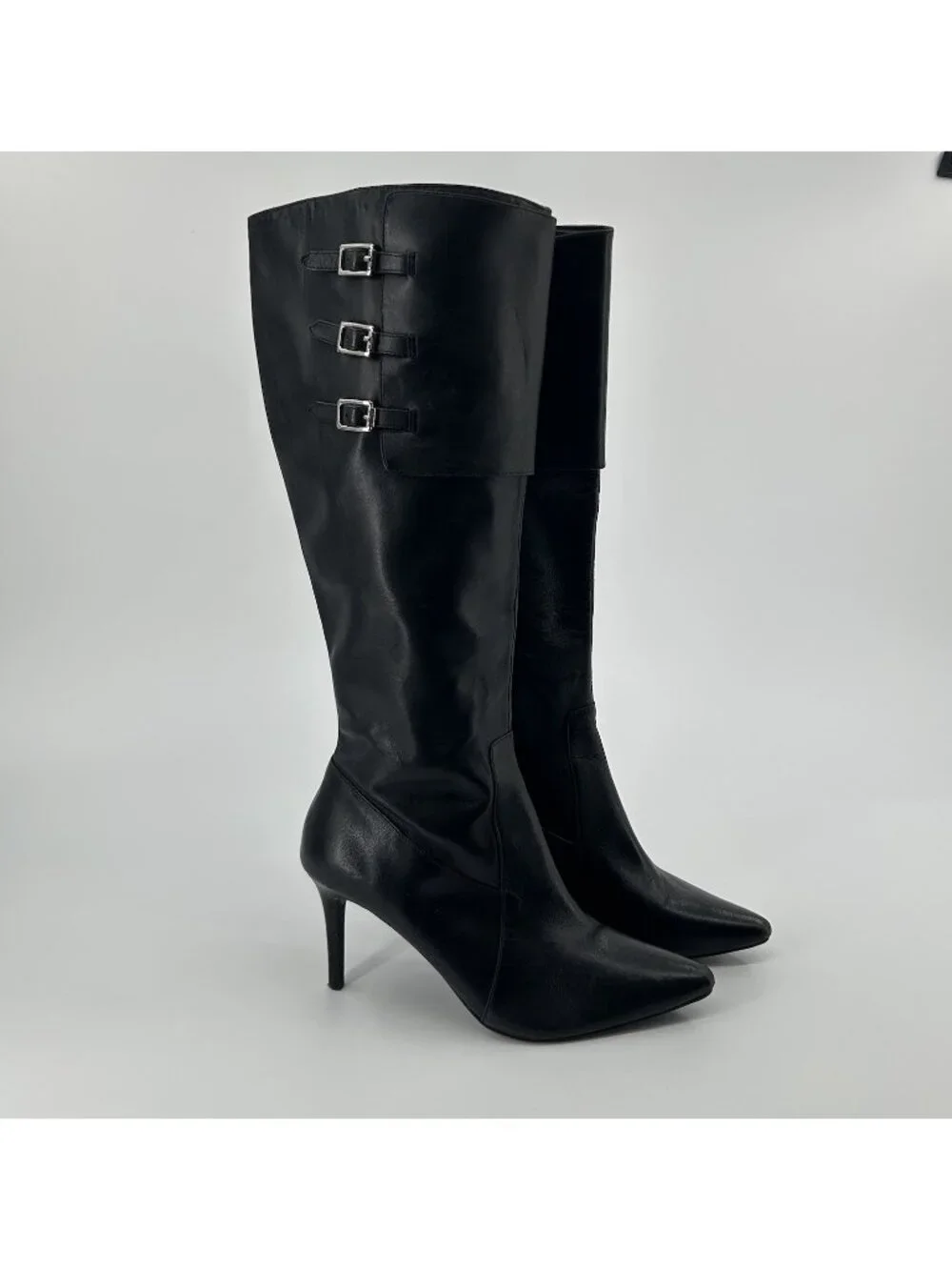 Ralph Lauren Jennison Boots 7.5B Leather Pointed Toe Stiletto Knee High Buckle